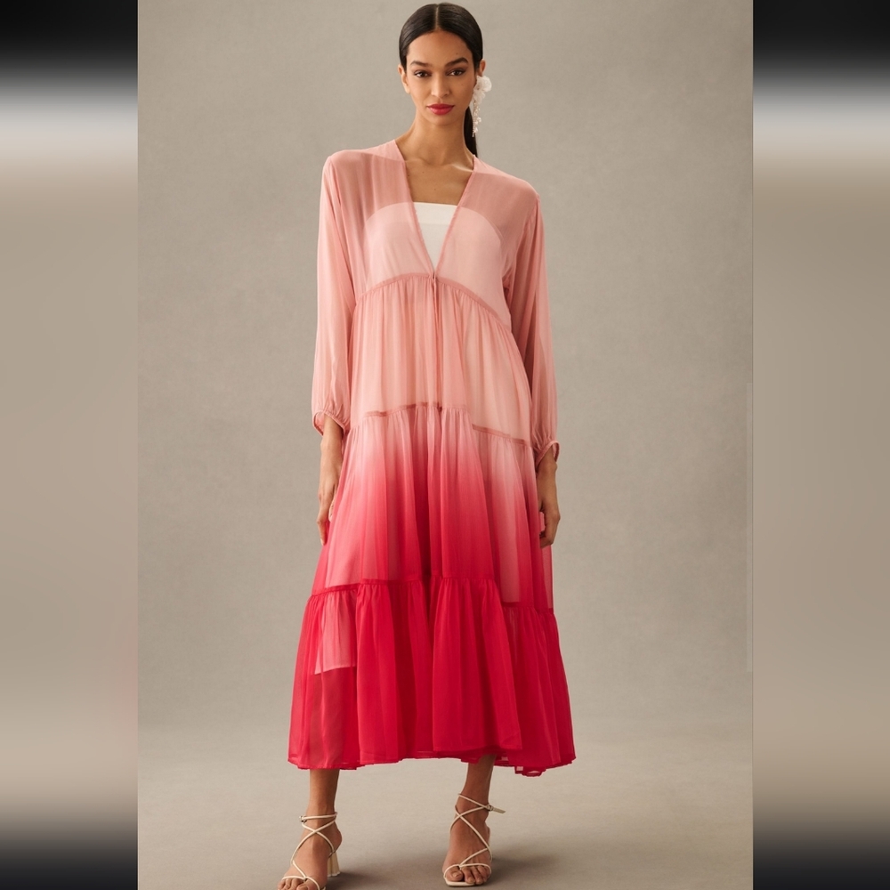 Anthropologie Womens Maxi Duster One Size Tiered Sheer Ombre Pink NIP